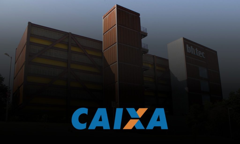 Imagem com a logo da Caixa e a fachada do prédio institucional do BH-TEC ao fundo