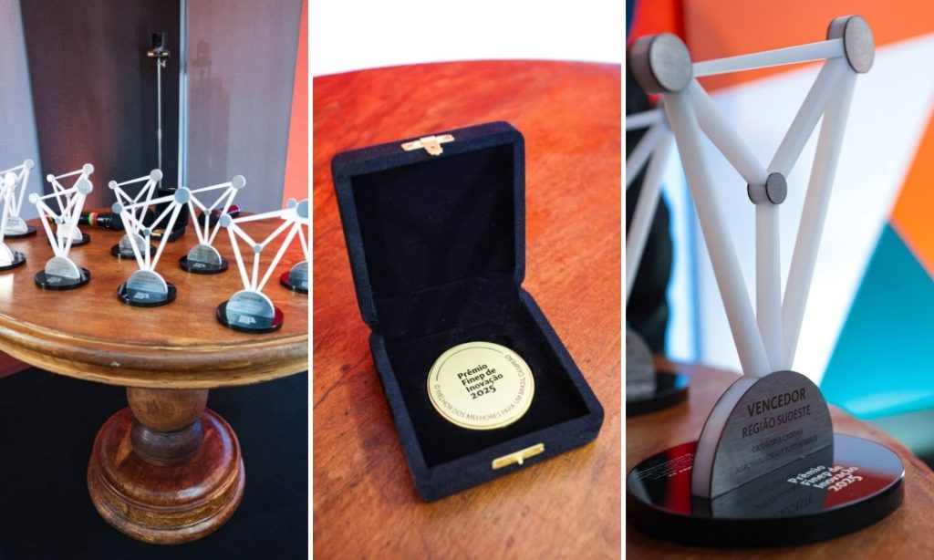 Montagem com o troféu e a medalha entregues no Prêmio Finep de Inovação