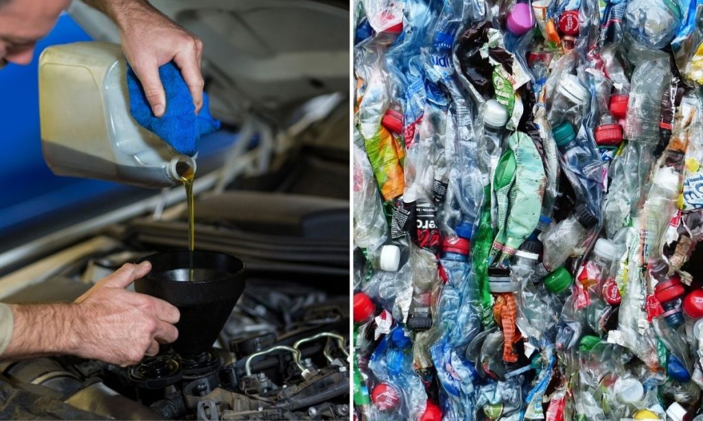 Montagem com uma imagem de mecânico colocando óleo no carro e outra com várias embalagens plásticas usadas