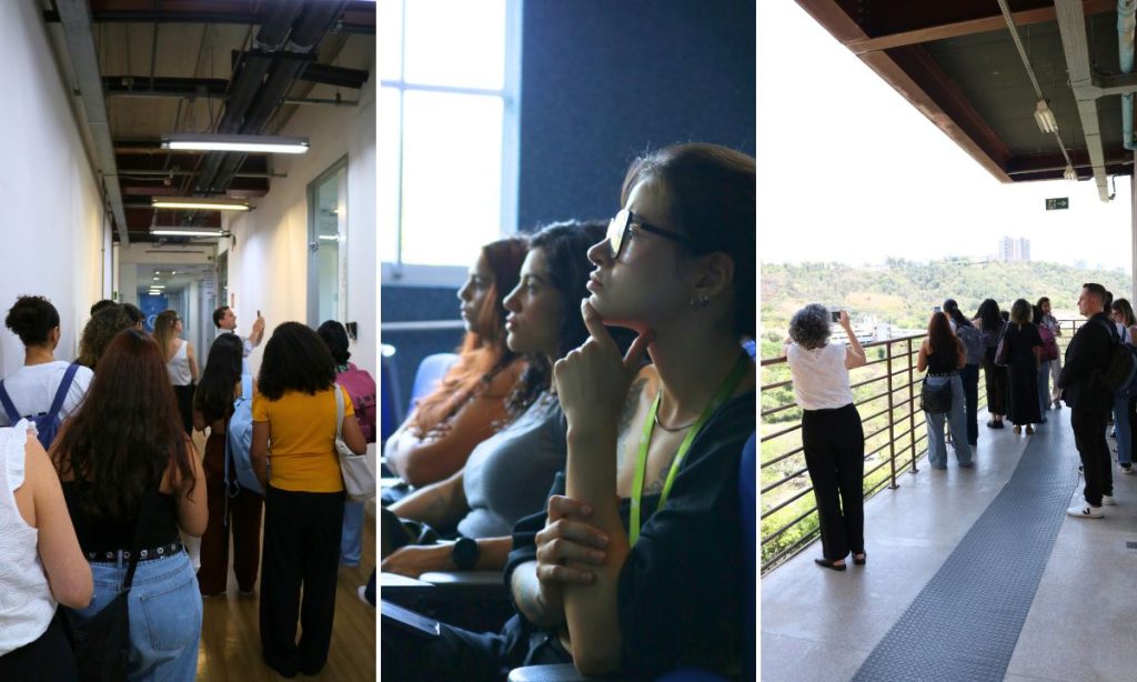 Montagem com três imagens distintas da visita de estudantes de pós ao BH-TEC