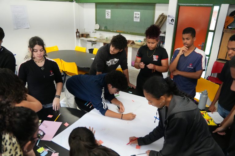 Alunos produzindo mapa de Belo Horizonte, com pontos estratégicos, destacando problemas e soluções sustentáveis.