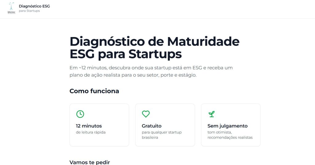 Tela inicial da ferramenta ESG lançada pelo BH-TEC
