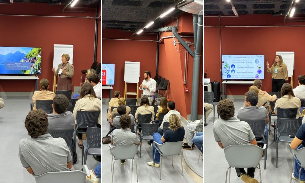 Montagem com 3 fotos de representantes de laboratórios fazem apresentações no MatchDay